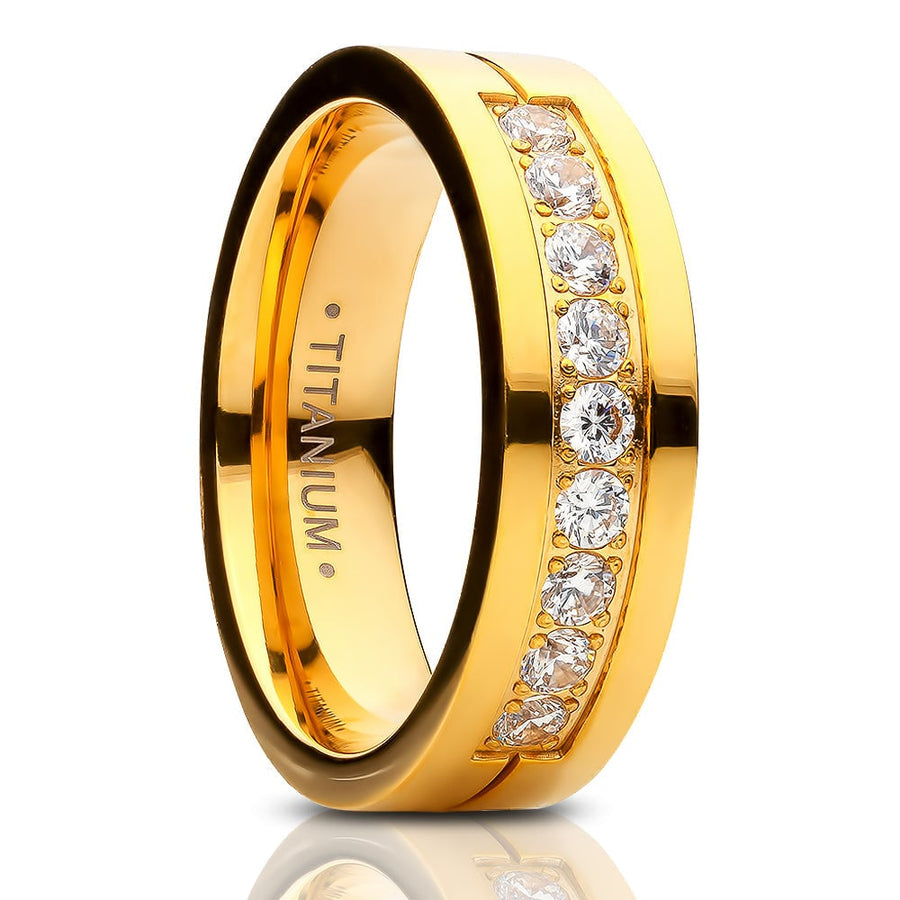 6mm Yellow Gold Titanium Wedding Ring CZ Comfort Fit Sizes 7-12 Free Box Image 1