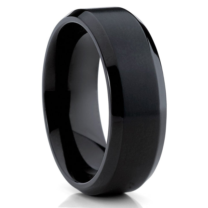 8mm Black Titanium Wedding Ring Beveled Edges Comfort Fit Lifetime Warranty Sizes 7-15 Image 1