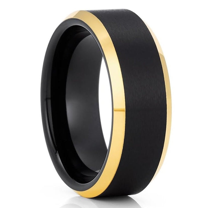 8mm Black Tungsten Ring with Yellow Gold Edges Mens Engagement Image 1