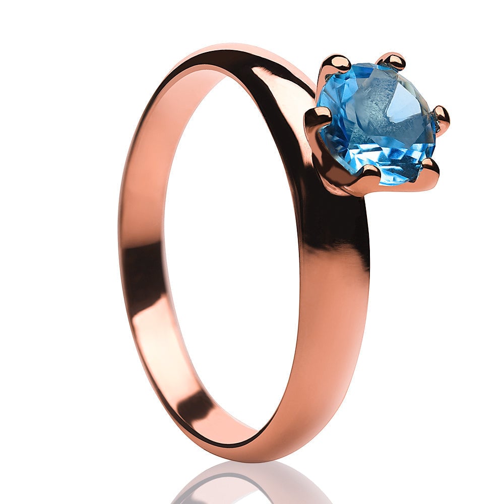 Aquamarine Titanium Engagement Ring Rose Gold CZ 6MM Comfort Fit Solitaires Image 1