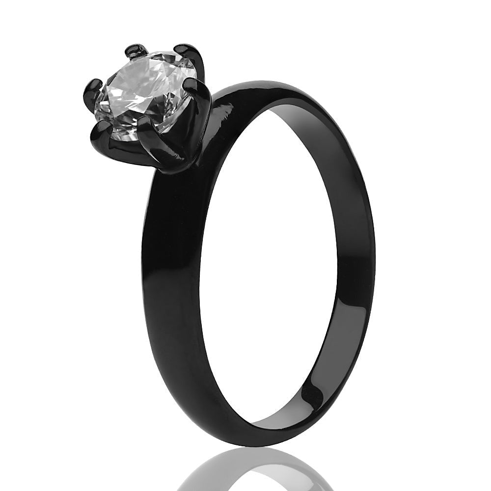 Black Titanium Solitaire Wedding Ring 6MM CZ Comfort Fit 2.7mm Wide Shiny Finish Image 2