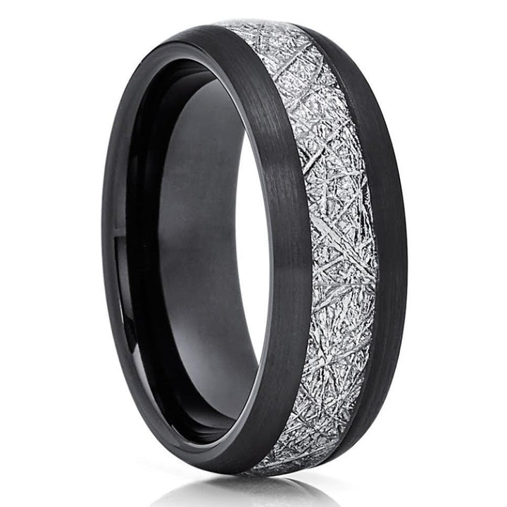 Black Tungsten Ring 8mm Wedding Ring with Meteorite Inlay Comfort Fit Cobalt Free Image 1