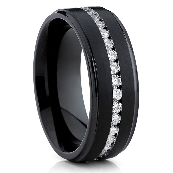 Black Titanium Wedding Ring 8mm CZ Inlay Comfort Fit Hypoallergenic Sizes 7-15 Image 1