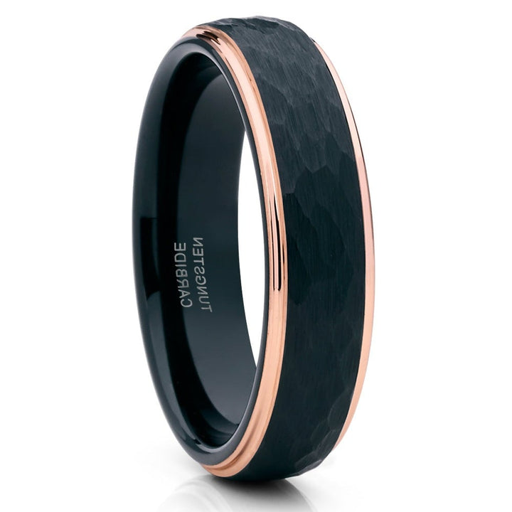 6MM Black Tungsten Carbide Wedding Ring Rose Gold Comfort Fit Hammered Image 1