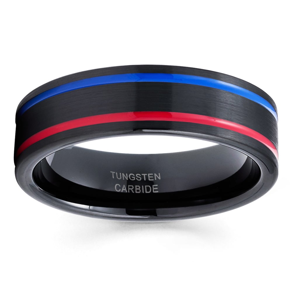 Black Tungsten Wedding Ring 6mm Red Blue Inlay Comfort Fit Cobalt Free Image 2