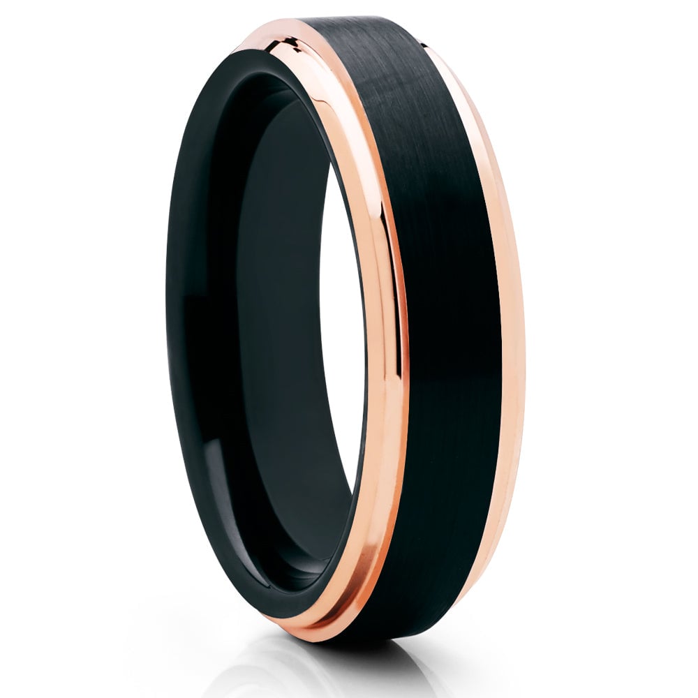 6mm Black Rose Gold Tungsten Carbide Wedding Ring Comfort Fit Engagement Band Image 1