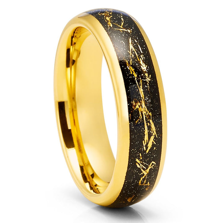 6mm Yellow Gold Tungsten Carbide Wedding Ring with Meteorite Inlay Comfort Fit Image 1