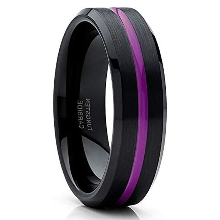 6mm Purple Tungsten Carbide Wedding Ring Black Inlay Beveled Comfort Fit Image 1