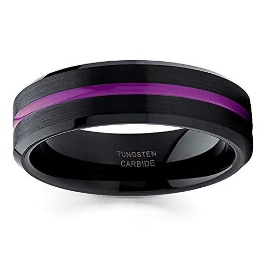 6mm Purple Tungsten Carbide Wedding Ring Black Inlay Beveled Comfort Fit Image 2