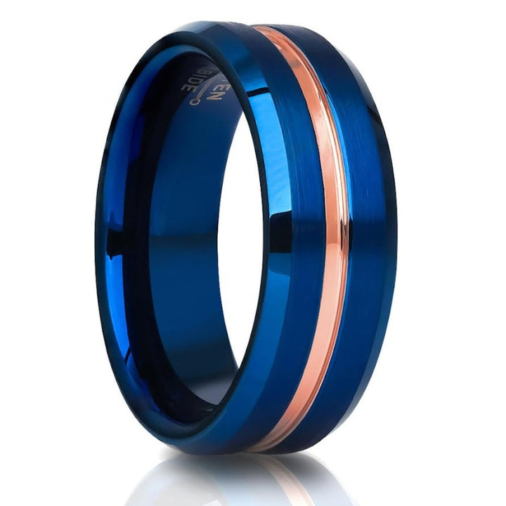 Blue Tungsten Ring 8mm Rose Gold and Blue IP Plated Wedding Engagement Ring Image 1