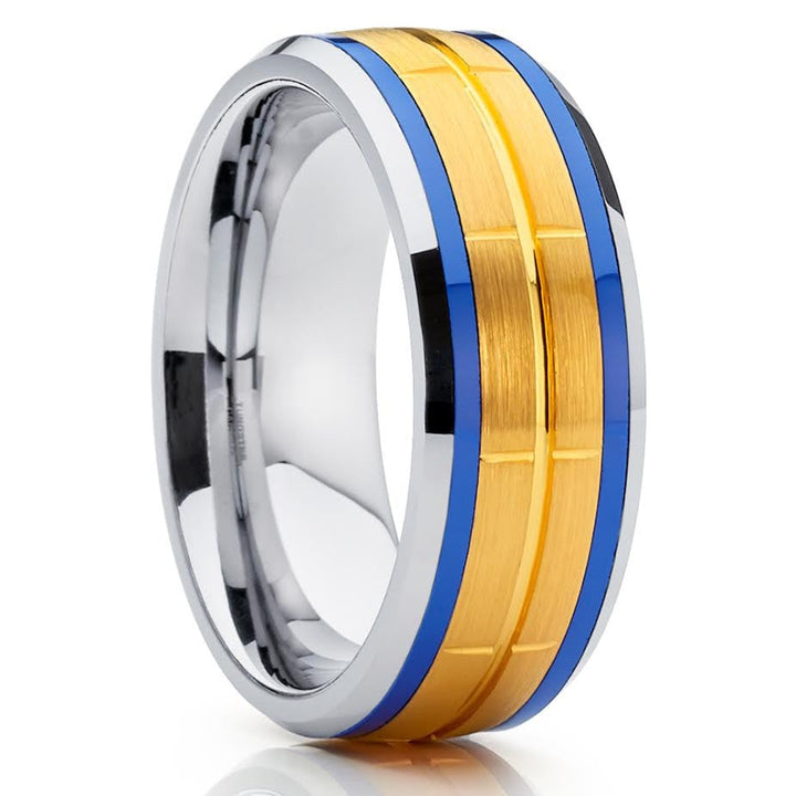 Blue Tungsten Wedding Ring 8mm Two Tone Comfort Fit Yellow Gold Anniversary Ring Image 1