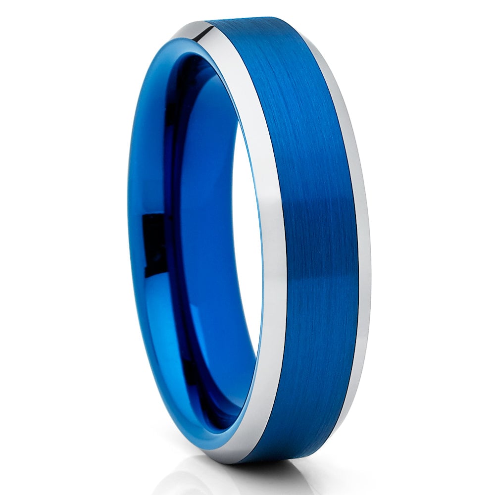 Blue Tungsten Wedding Band 6mm Comfort Fit Silver IP Plating Cobalt Free Image 1