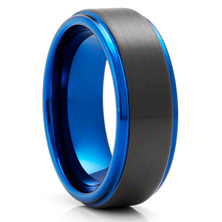 Blue Black Tungsten Carbide Wedding Ring 8mm Engraved Comfort Fit Size 6.5-13 Image 1