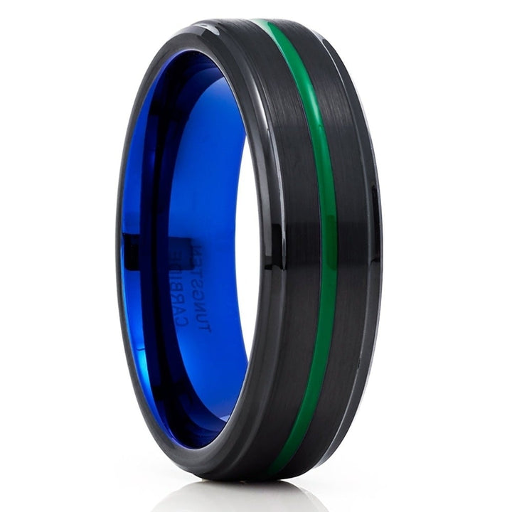 Blue Tungsten Wedding Ring 6mm Green Inlay Comfort Fit Cobalt Free Engagement Ring Image 1