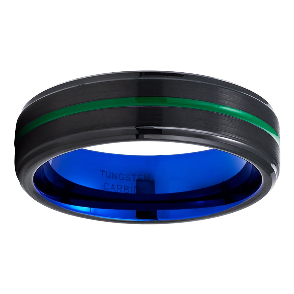 Blue Tungsten Wedding Ring 6mm Green Inlay Comfort Fit Cobalt Free Engagement Ring Image 2