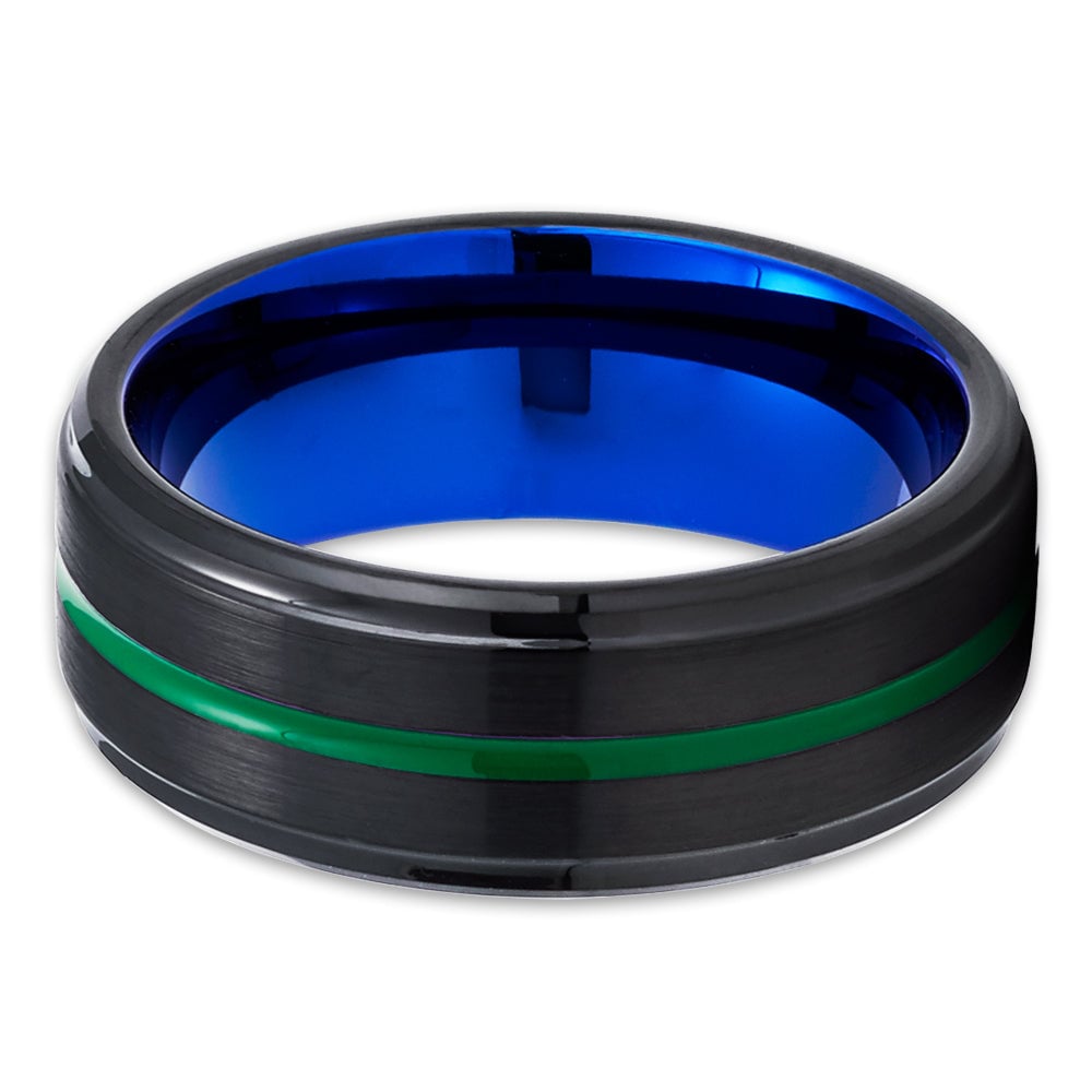 Blue Tungsten Wedding Ring 6mm Green Inlay Comfort Fit Cobalt Free Engagement Ring Image 4