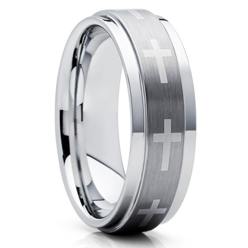 Tungsten Wedding Ring 7mm Cross Design Silver Comfort Fit Cobalt Free Image 1