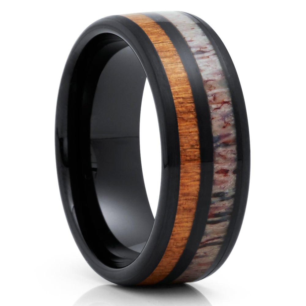 Deer Antler Black Tungsten Wedding Ring 8mm Cherry Wood Inlay Comfort Fit Image 1