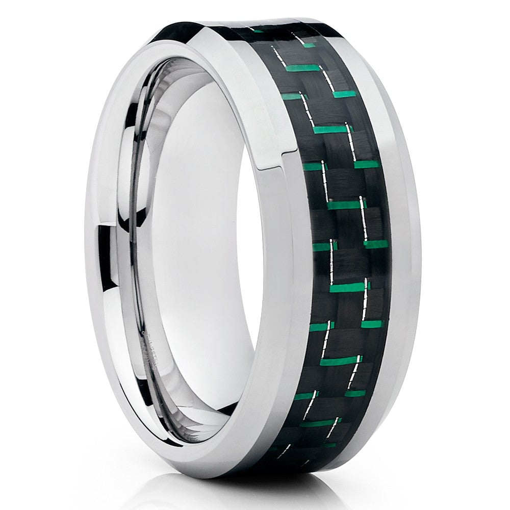 Green Carbon Fiber Tungsten Ring 9mm Comfort Fit Wedding Engagement Ring Image 1