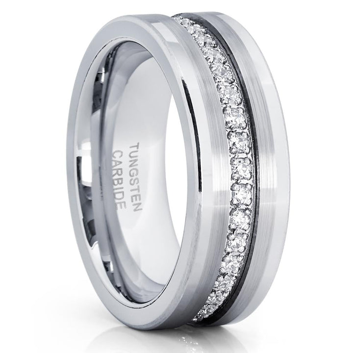 Silver Tungsten Wedding Ring 8mm Comfort Fit CZ Inlay Scratch Resistant Sizes 7-15 Image 1