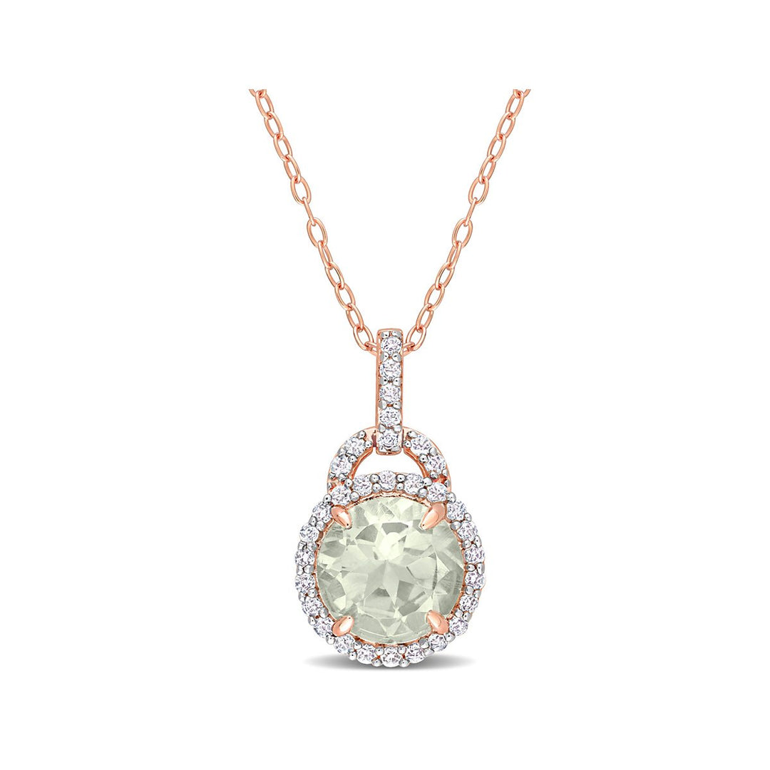 3.26 Carat (ctw) Green Quartz Pendant Necklace in Rose Pink Plated Sterling Silver with Chain Image 1