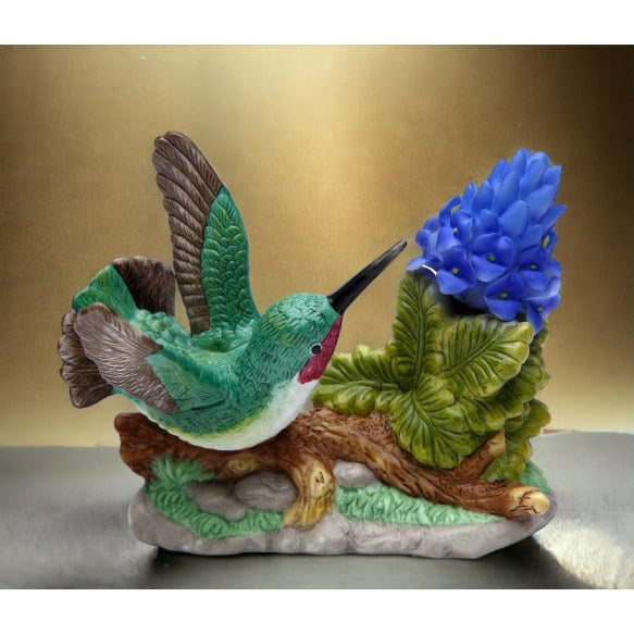 Ceramic Hummingbird Figurine with Purple Orchid 4in Image 1