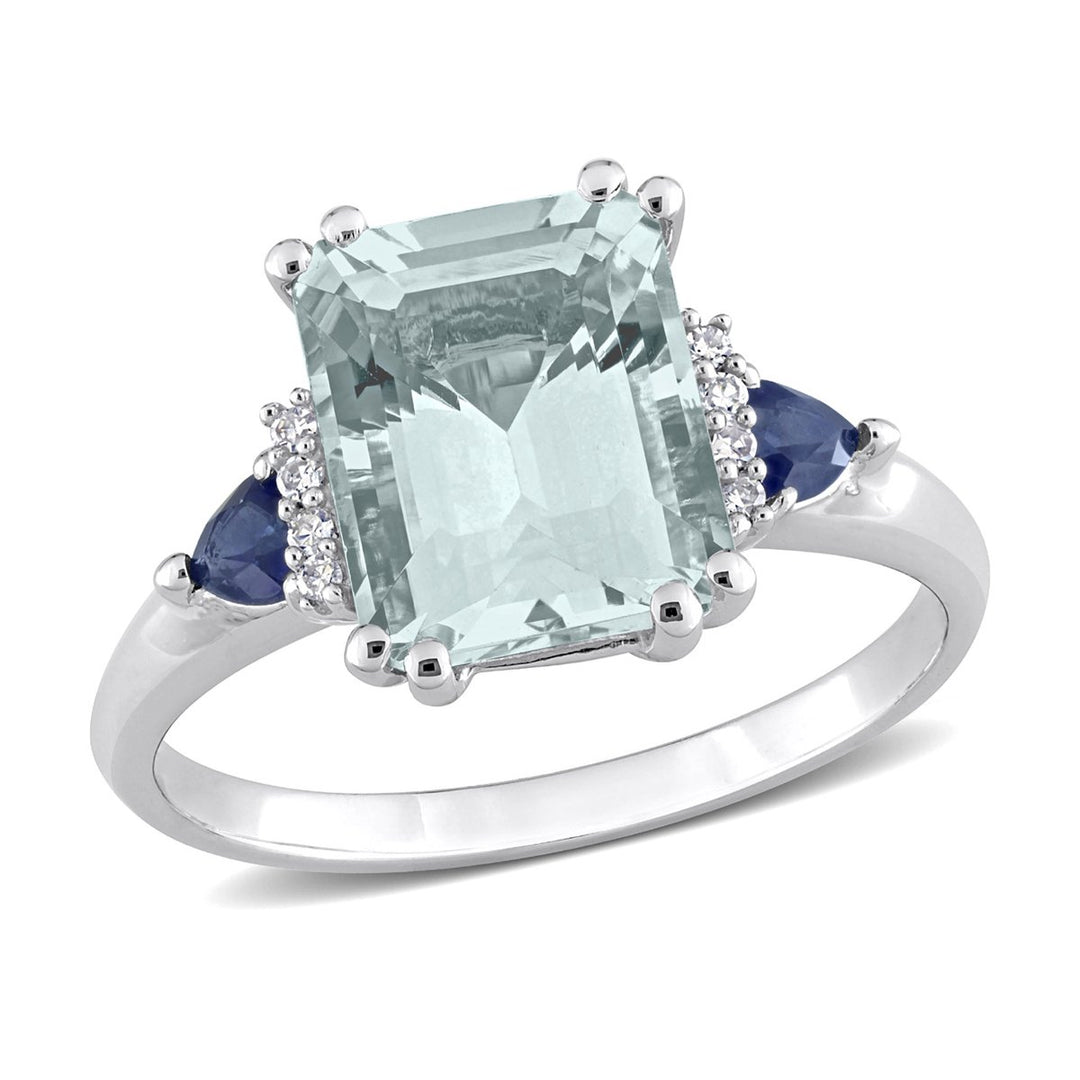 3.15 Carat (ctw) Aquamarine and Blue Sapphire Ring in 14K White Gold Image 1