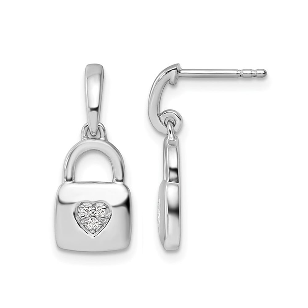 Sterling Silver Heart Lock Charm Dangle Post Earrings Image 1