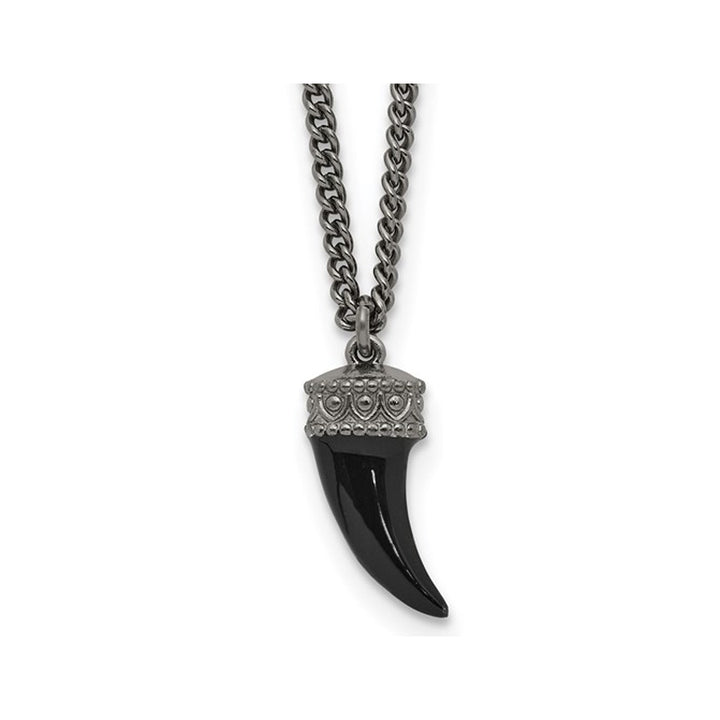 Black Enamel Horn Pendant Necklace in Antiqued Sterling Silver Image 1