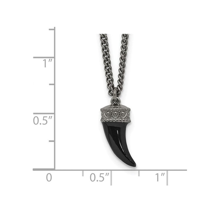 Black Enamel Horn Pendant Necklace in Antiqued Sterling Silver Image 2