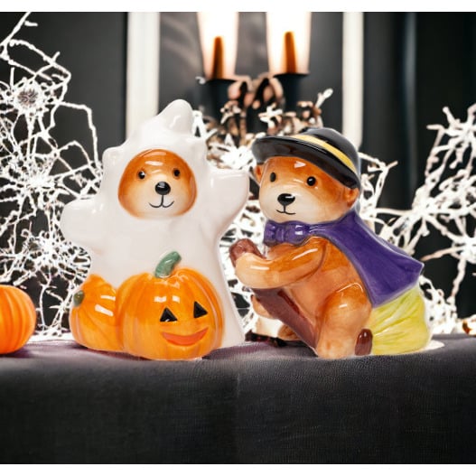 Ceramic Halloween Salt and Pepper Shakers Teddy Bear Witch Ghost Image 1