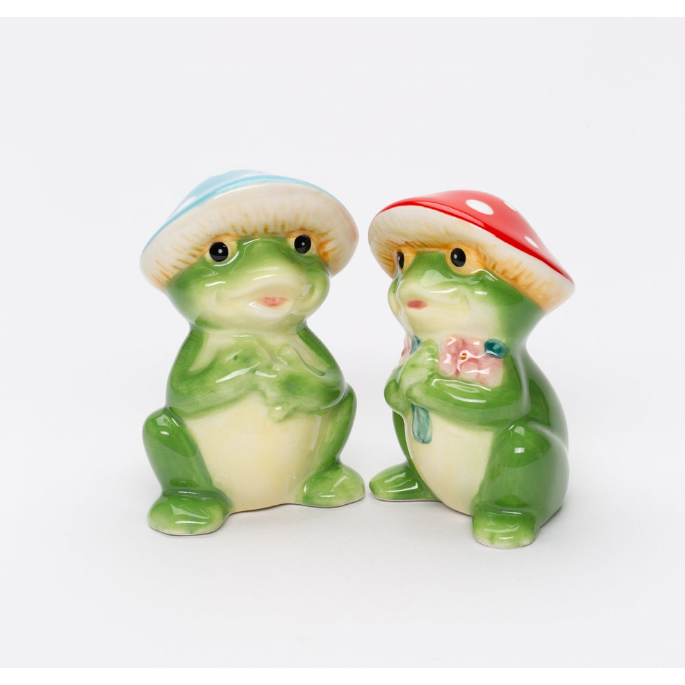 Ceramic Frog Mushroom Salt and Pepper Shakers Red Blue Kitchen Gift Image 2