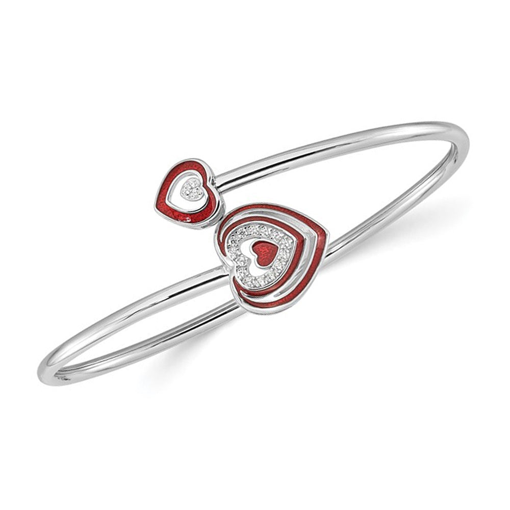Sterling Silver Heart Flexible Cuff Bangle Bracelet with Red Enamel and Cubic Zirconia (CZ)s Image 1
