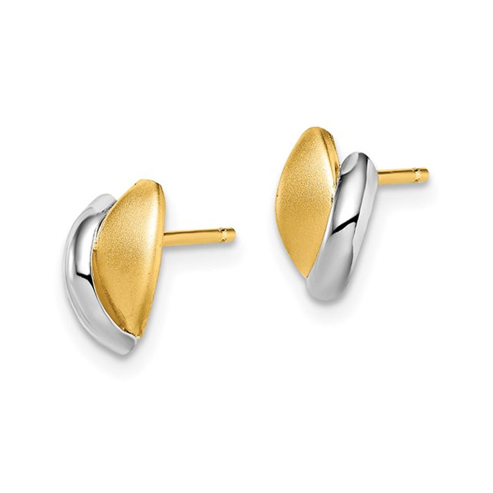 14K Yellow Gold Satin Leaf Post Earrings Image 4