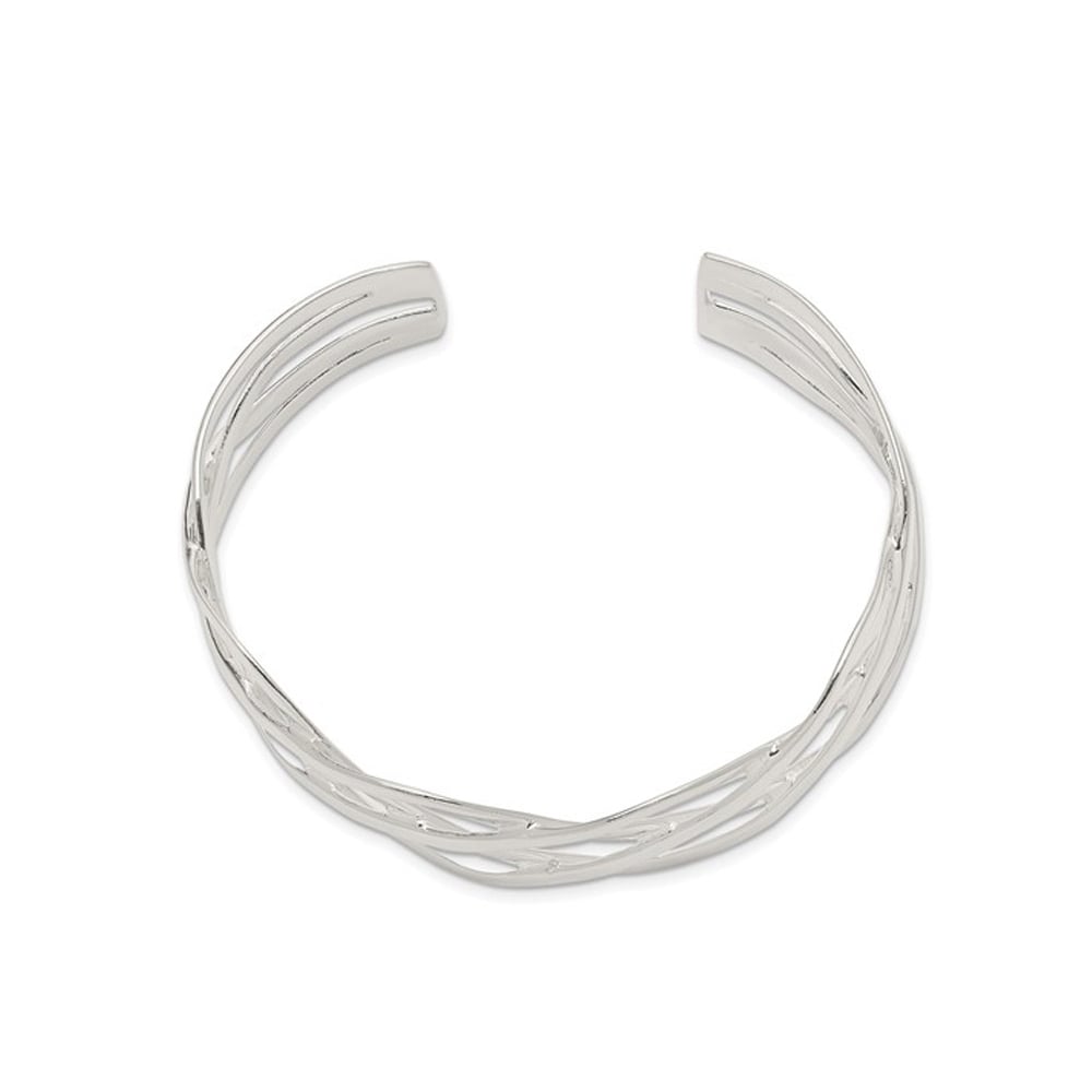 Sterling Silver Polished Woven Design Cuff Bangle Bracelet Image 2