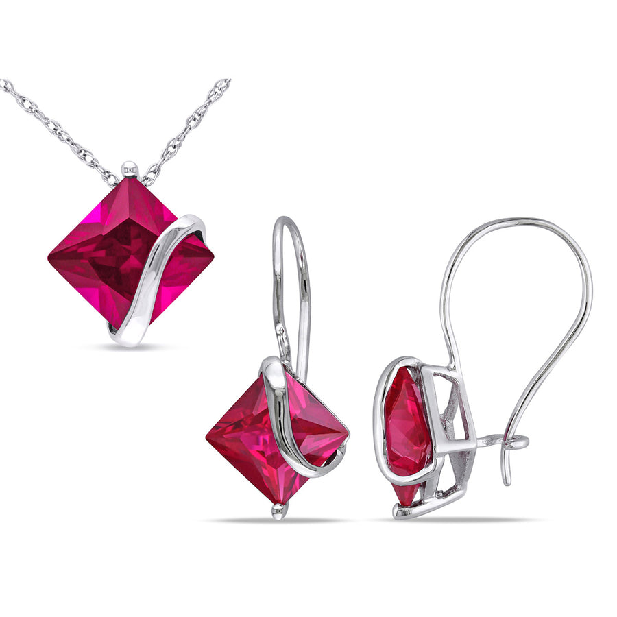 7.28 Carat (ctw) Lab Created Ruby Earrings and Pendant Necklace Set in 10K White Gold Image 1
