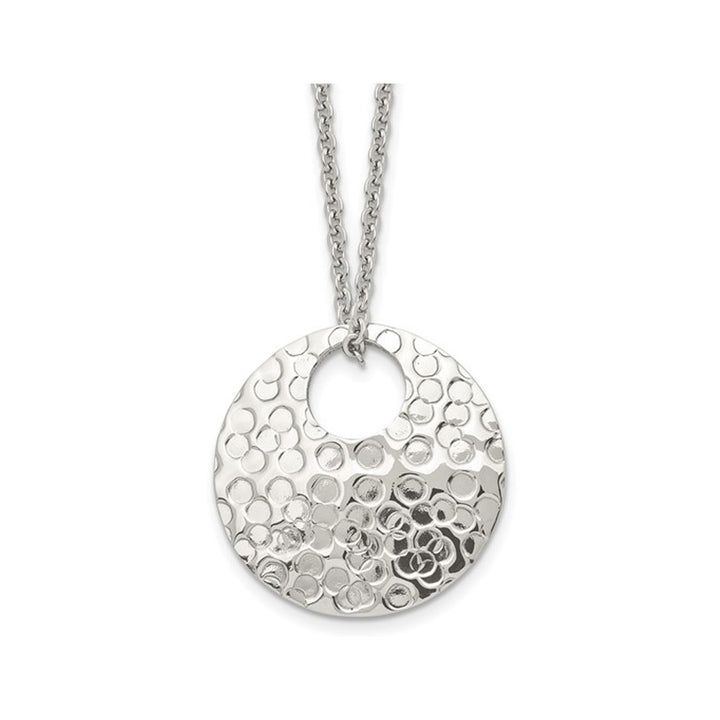 Stainless Steel Polished Circle Disc Hammered Necklace Pendant Image 1
