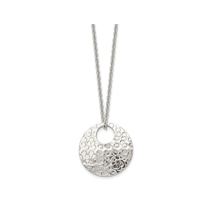 Stainless Steel Polished Circle Disc Hammered Necklace Pendant Image 4