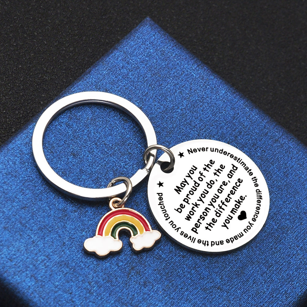 Keychain Rainbow Pendant Best Wishes Print Round Shape Stainless Lightweight Store Keys Inspiring Exquisite Smooth Key Image 2