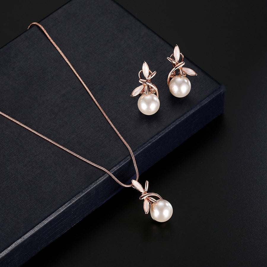 1 Set Women Necklace Earrings Bowknot Faux Pearl Jewelry Plated Bow Stud Earrings Necklace for Festival Image 1