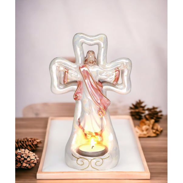 Kevins Gift Shoppe Ceramic Jesus with Cross Tealight Candle Holder Image 2