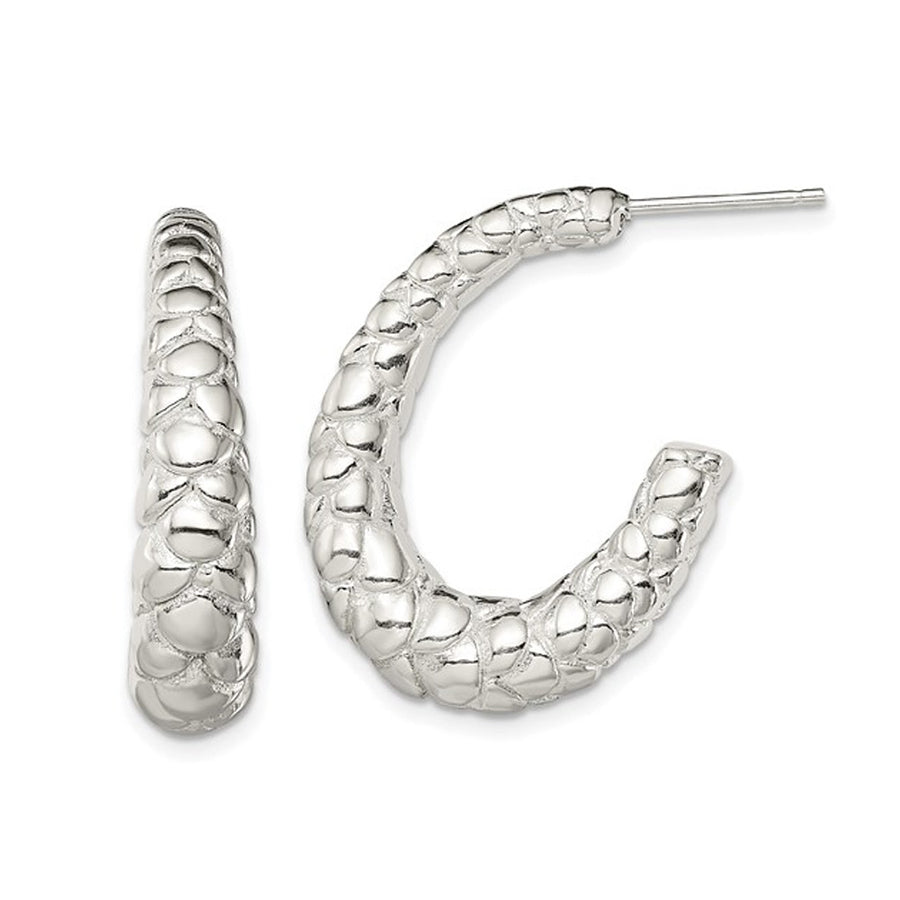 Sterling Silver Polished Textured J-Hoop Earrings Image 1