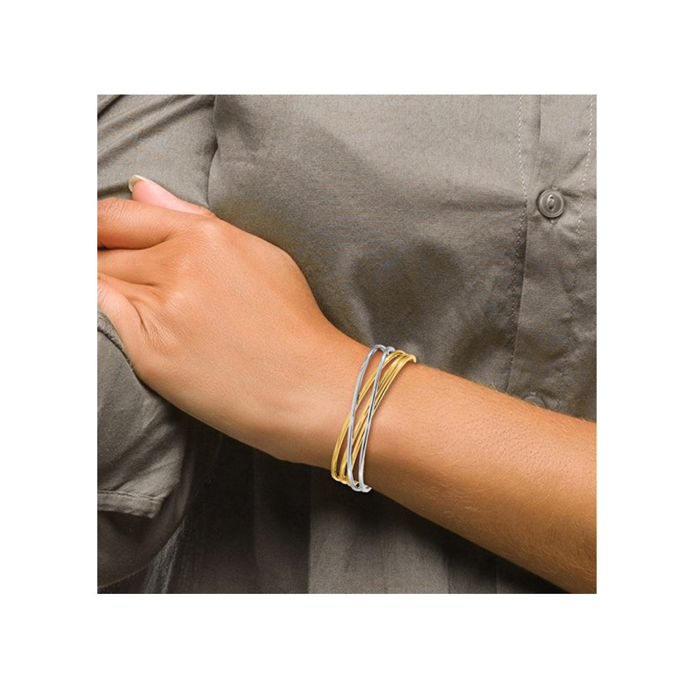 14K Yellow and White Gold Polished Slip-on Cuff Bangle Bracelet Image 2