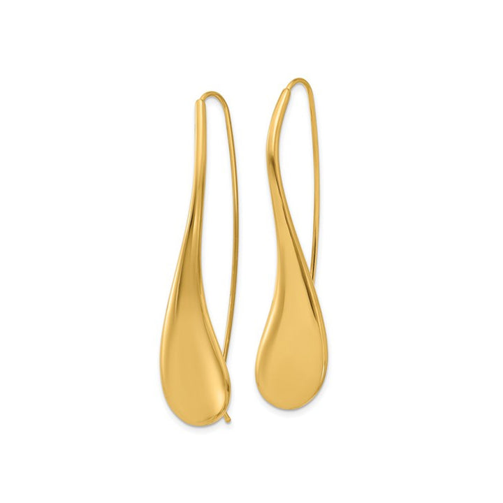 14K Yellow Gold Puffed Teardrop Wire Threader Earrings Image 4
