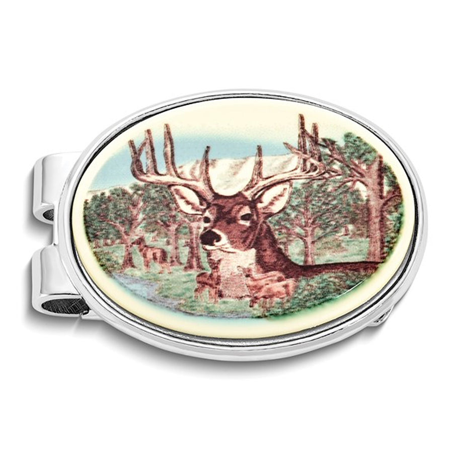Mens Deer Portrait Oval Money Clip Image 1