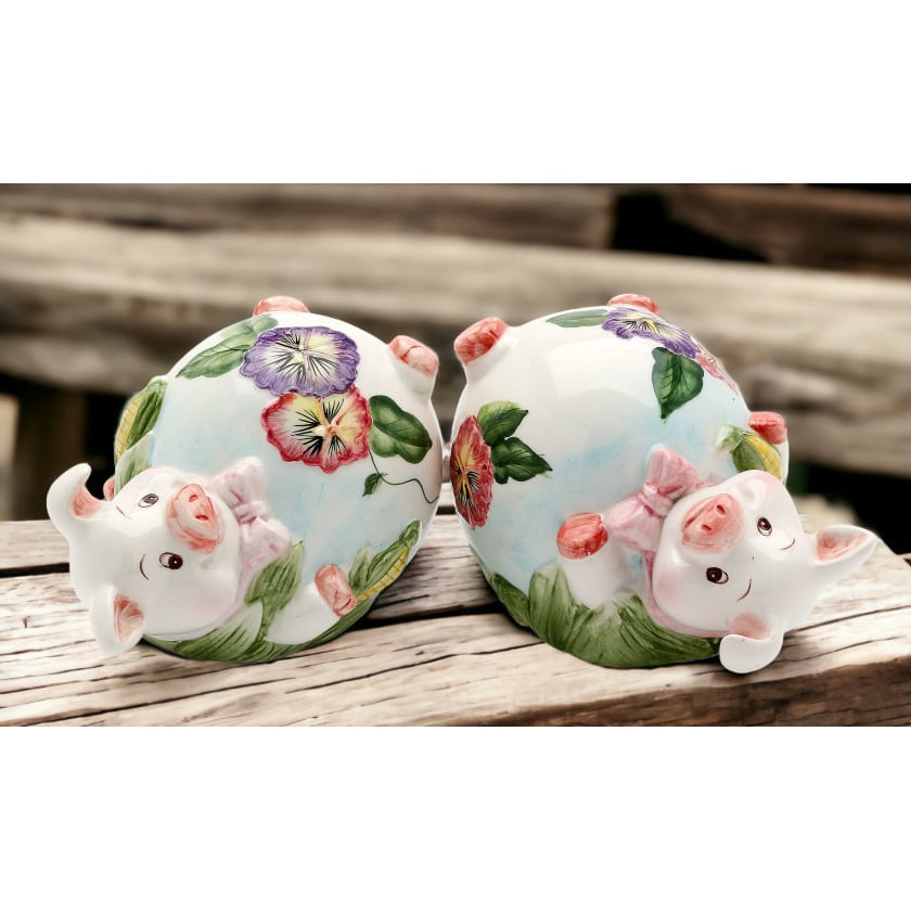 Ceramic Pansy Pig Figurine Two Piece Set Vintage Kitchen Image 1