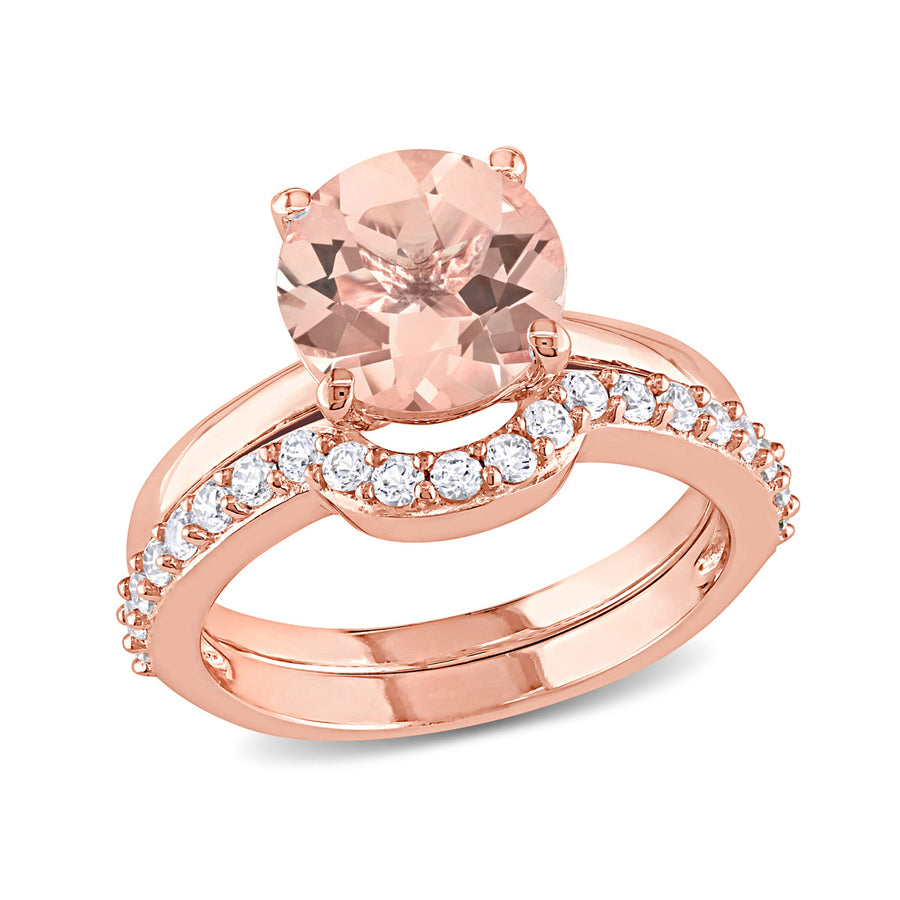 2.20 Carat (ctw) Morganite and Lab-Created White Sapphire Bridal Wedding Set Engagement Ring in 10K Pink Gold Image 1