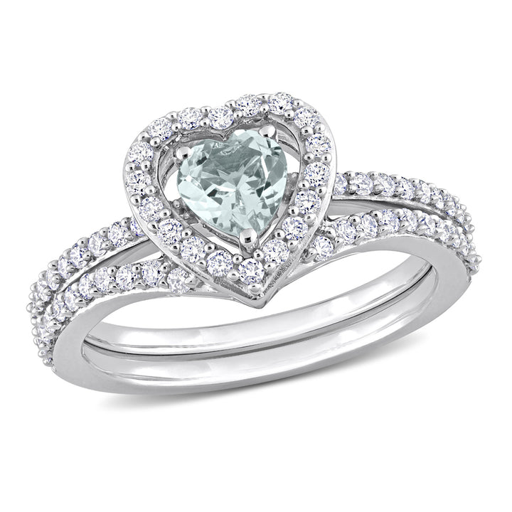1/3 Carat (ctw) Aquamarine Engagement Ring and Wedding Band Set 10K White Gold with Diamonds Image 1