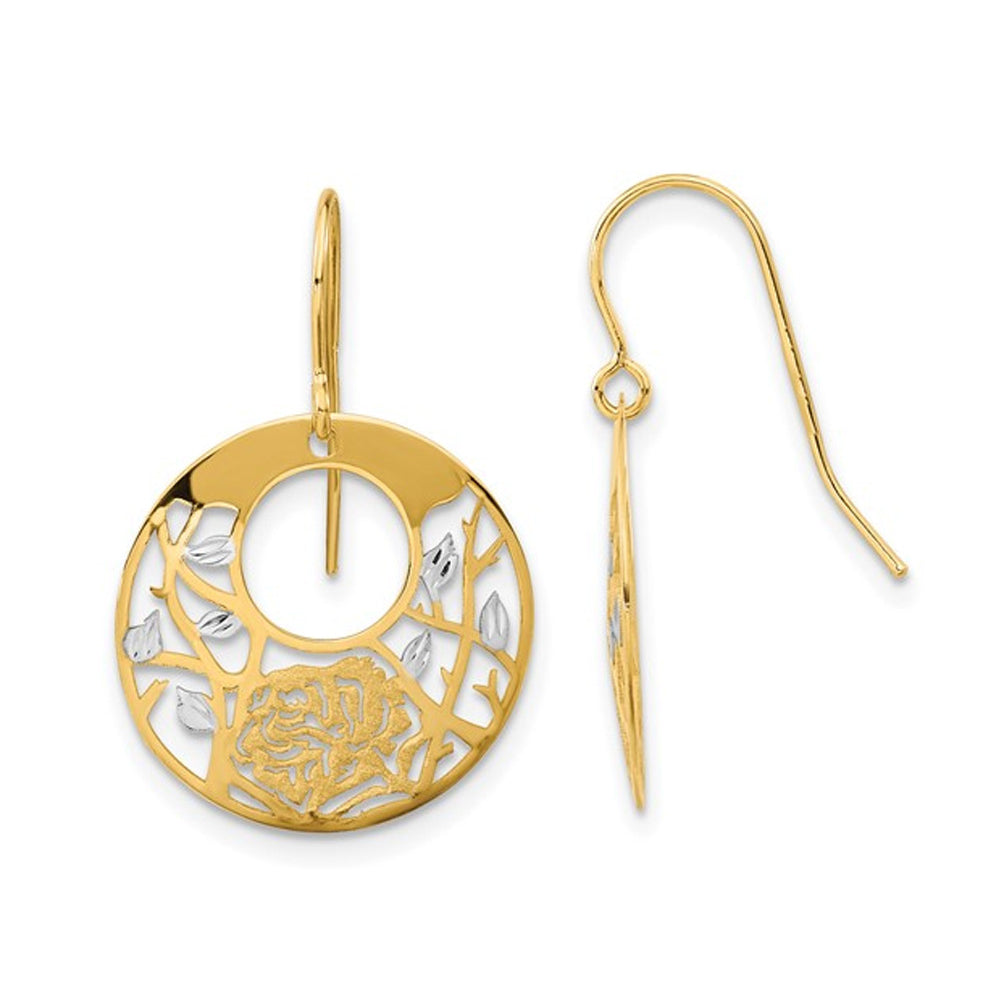 14K Yellow Gold Flower Dangle Circle Earrings Image 1