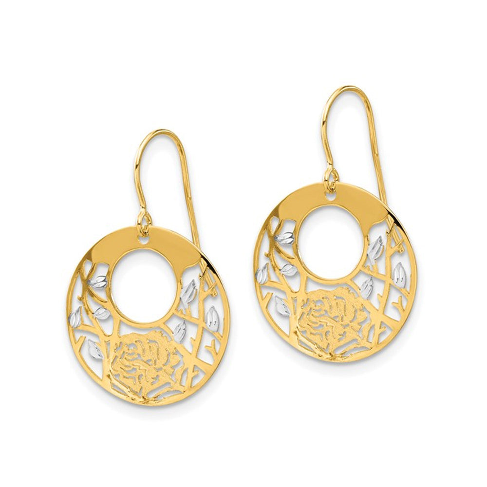 14K Yellow Gold Flower Dangle Circle Earrings Image 3